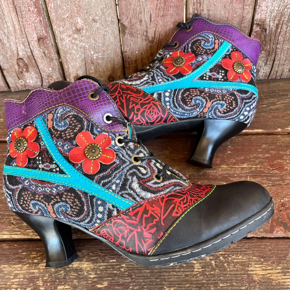 Socofy Womens Multicolor Paisley Floral Ankle Boots Lace Up Side Zip Size 7.5 38